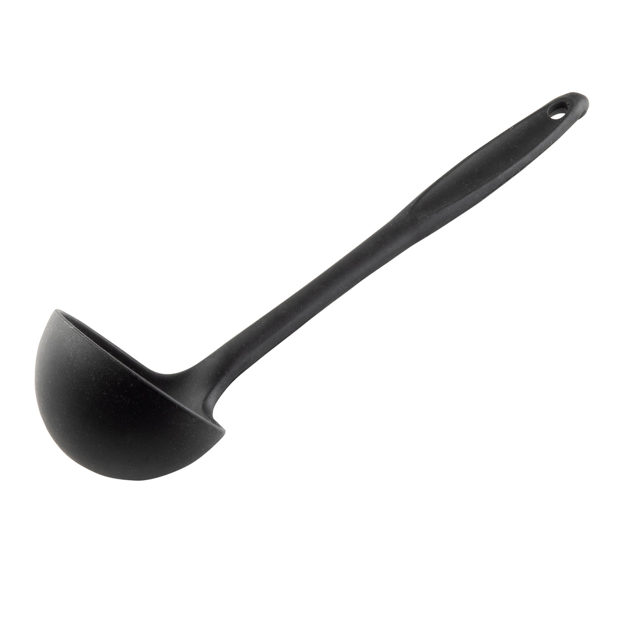 A black plastic ladle with a deep, round bowl and a long silicone handle featuring a small hole for hanging. The ladle is shown on a white background, angled with the bowl on the left and handle on the right.