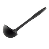A black plastic ladle with a deep, round bowl and a long silicone handle featuring a small hole for hanging. The ladle is shown on a white background, angled with the bowl on the left and handle on the right.