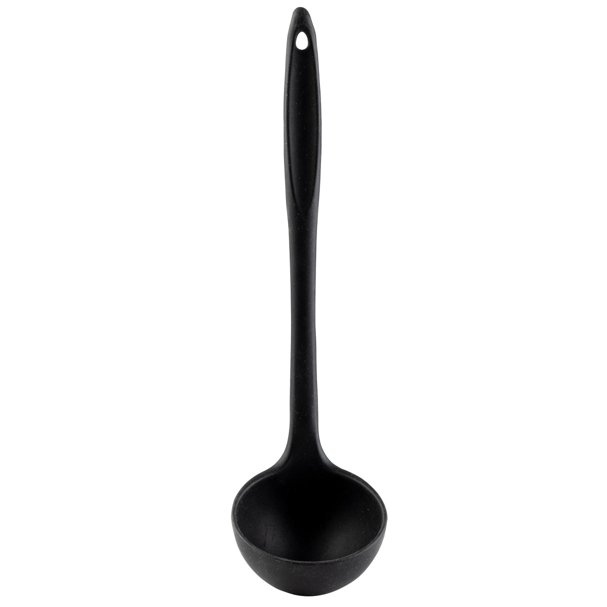 A black soup ladle with a long silicone handle and a deep, rounded bowl. The handle features a small hole at the top for hanging. Shown upright on a white background, the ladle combines functionality with modern design.