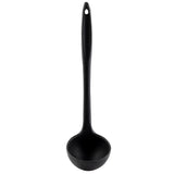 A black soup ladle with a long silicone handle and a deep, rounded bowl. The handle features a small hole at the top for hanging. Shown upright on a white background, the ladle combines functionality with modern design.