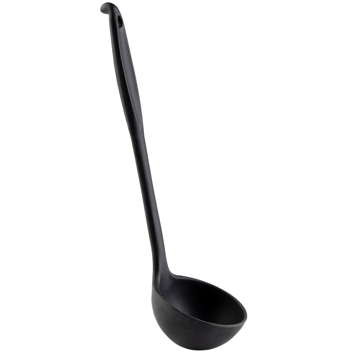 A black plastic ladle with a long silicone handle and a deep, round bowl. The handle features a small hole at the end for hanging. The ladle is positioned upright on a white background.