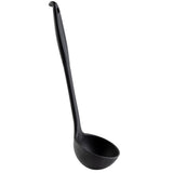 A black plastic ladle with a long silicone handle and a deep, round bowl. The handle features a small hole at the end for hanging. The ladle is positioned upright on a white background.