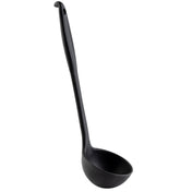 A black plastic ladle with a long silicone handle and a deep, round bowl. The handle features a small hole at the end for hanging. The ladle is positioned upright on a white background.