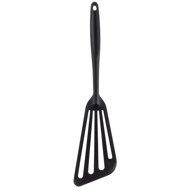 A black Fish Turner with a stainless steel core and a long silicone handle. The triangular, slightly angled head has three wide slots, perfect for flipping or serving food. A small hole at the end of the handle allows easy hanging.