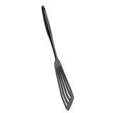 A black plastic Fish Turner with a long handle and three wide slots, isolated on a white background. The spatula’s head is slightly angled, and there is a small hole at the end of the handle for hanging.