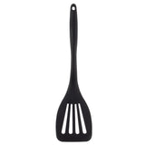 A black plastic slotted spatula with a long silicone handle and three wide slots in the flat, square-shaped blade. The handle features a small hole at the top for hanging. The background is plain white.