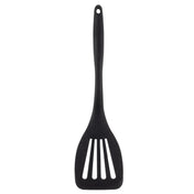 A black plastic slotted spatula with a long silicone handle and three wide slots in the flat, square-shaped blade. The handle features a small hole at the top for hanging. The background is plain white.