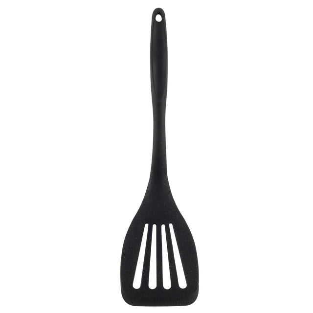 A black plastic slotted spatula with a long silicone handle and three wide slots in the flat, square-shaped blade. The handle features a small hole at the top for hanging. The background is plain white.