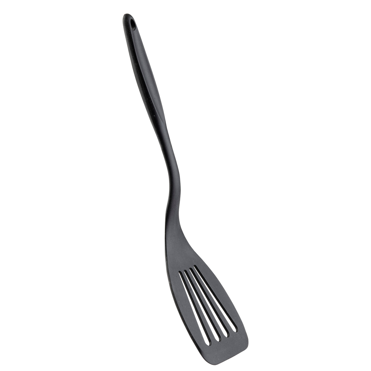 A black plastic slotted spatula with a curved, ergonomic silicone handle. The head has four long slots for draining, and the spatula is positioned diagonally on a white background.