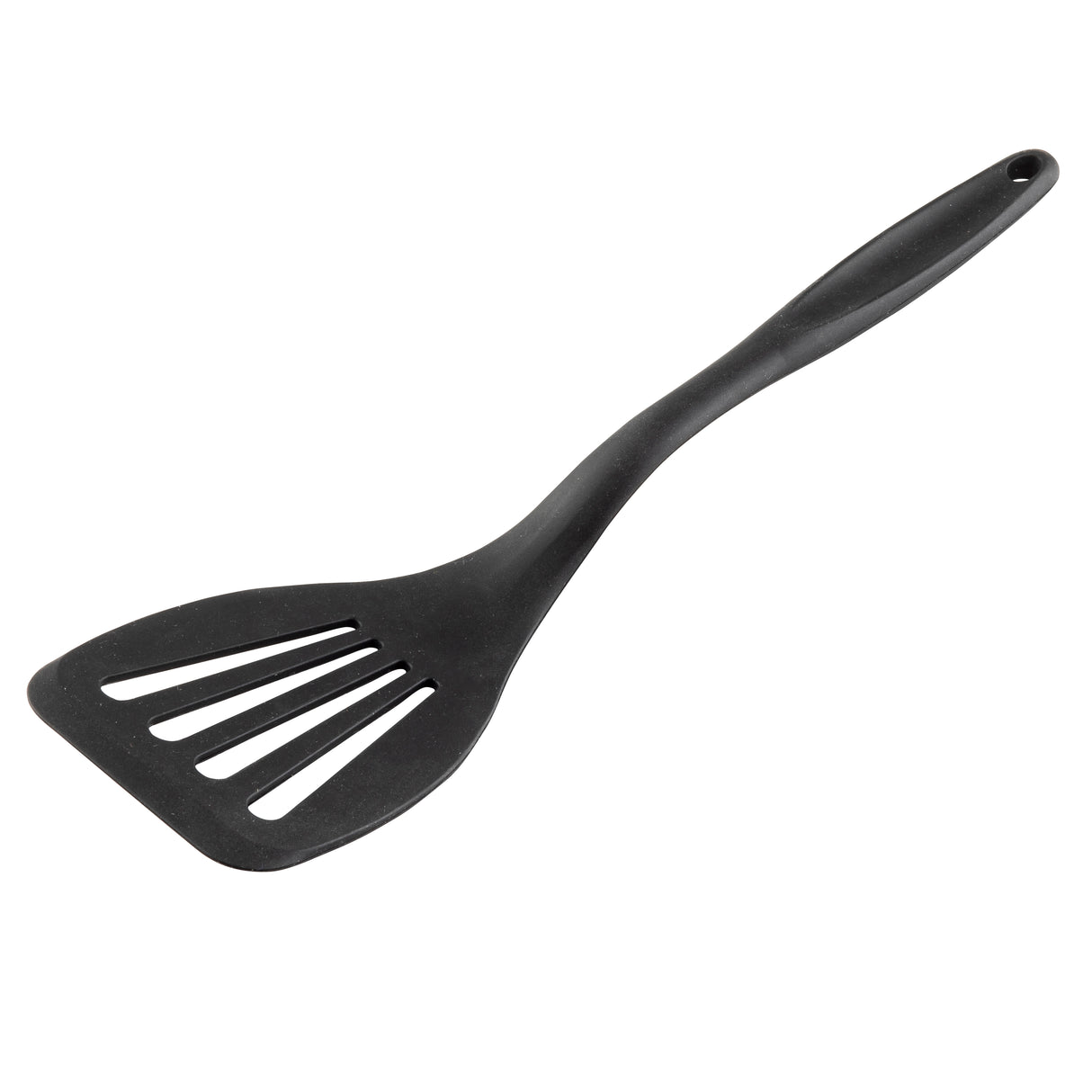 A black plastic slotted spatula with a long silicone handle and four horizontal slots in the flat, wide blade. The handle has a small hole at the end for hanging. The spatula is photographed on a white background.