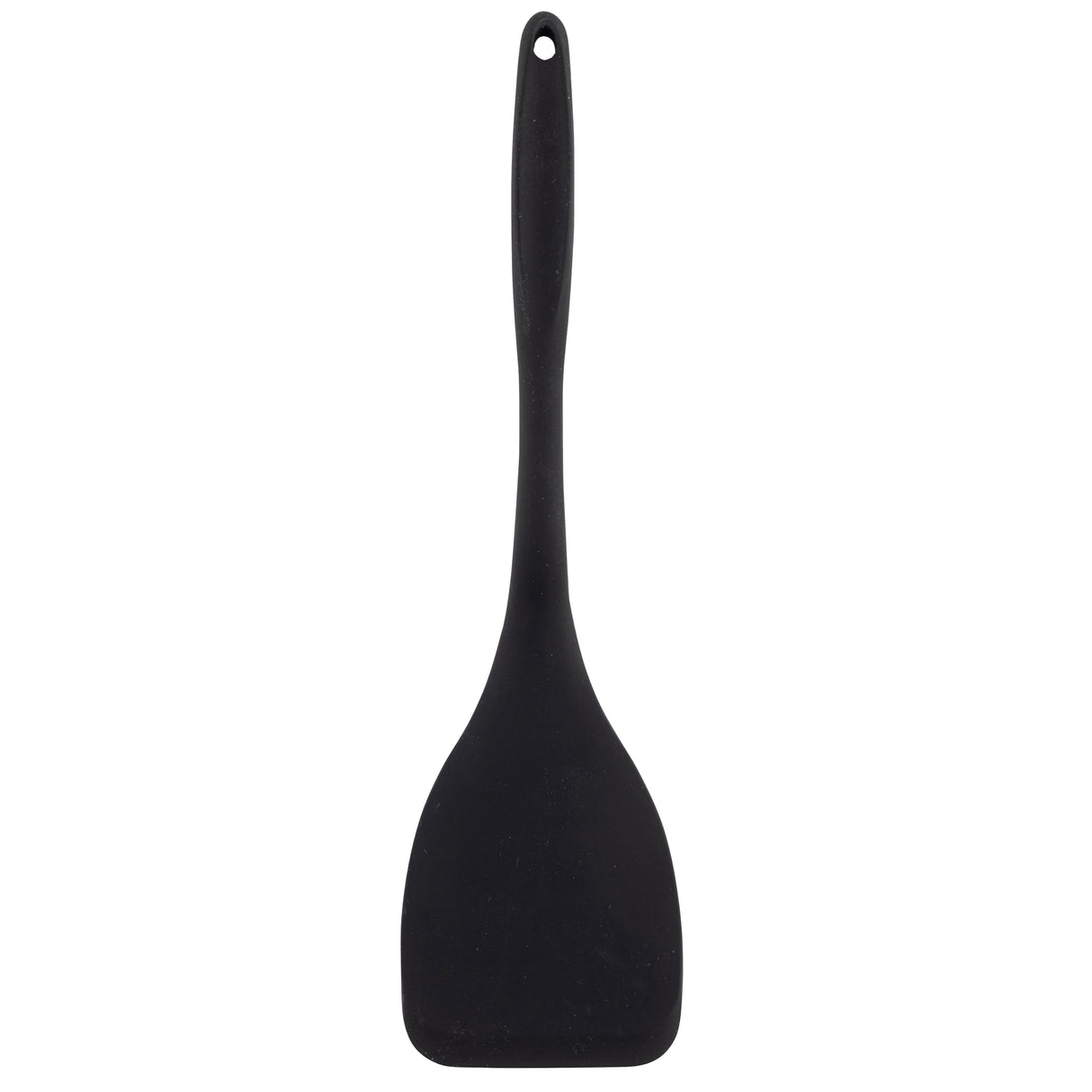 A black silicone spatula with a flat, wide blade and a long handle featuring a small hole for hanging. The spatula is plain, with a silicone handle, and photographed against a white background.