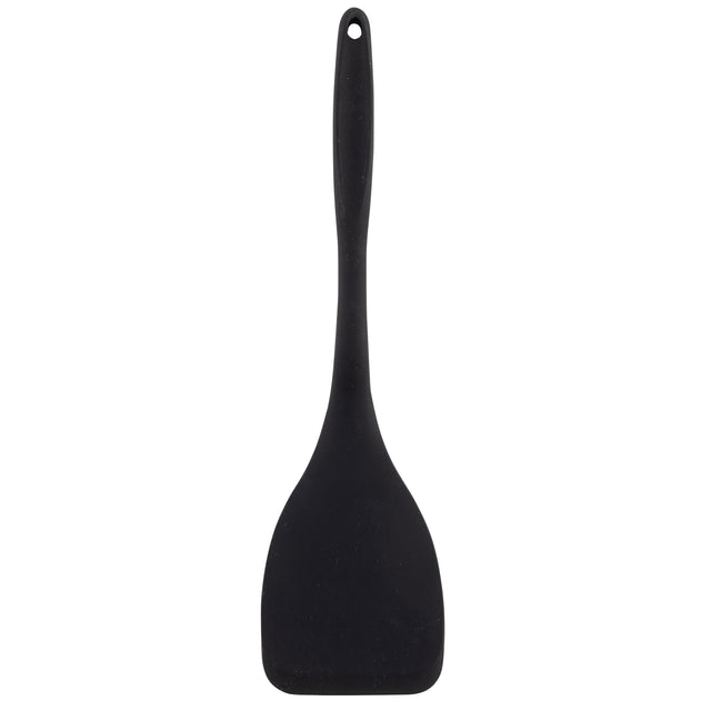 A black silicone spatula with a flat, wide blade and a long handle featuring a small hole for hanging. The spatula is plain, with a silicone handle, and photographed against a white background.