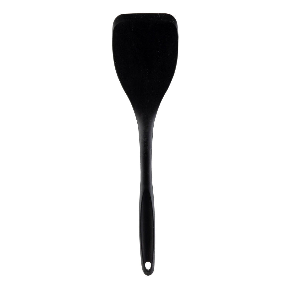A black spatula with a wide, flat head and a long, narrow silicone handle featuring a small hole for hanging. The spatula is positioned vertically on a plain white background.