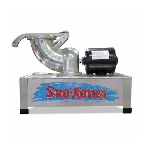 A silver metal Shavette Little Shaver ice shaver machine from Gold Medal Products, with a curved ice chute on the left and a black motor on the right. The base displays Sno-Kones in red and blue, accented by cool blue icy graphics.