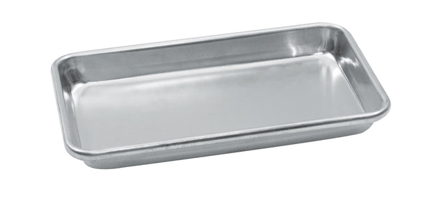 A rectangular, shallow 1/8 size sheet pan made from aluminized steel with rounded corners and smooth sides is shown against a plain white background. The pan is empty and features a simple, functional design for baking or roasting.