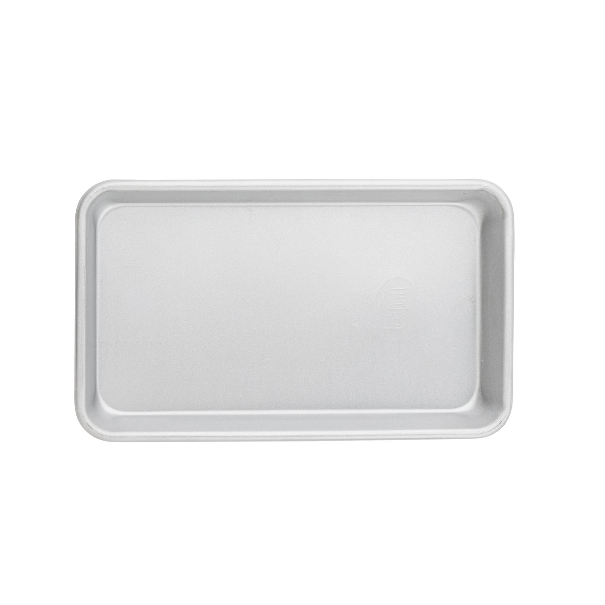 A rectangular, silver-colored 1/8 size sheet pan made of aluminized steel with rounded corners and smooth edges, photographed from above against a white background. The pan is empty and features a clean, unmarked surface.