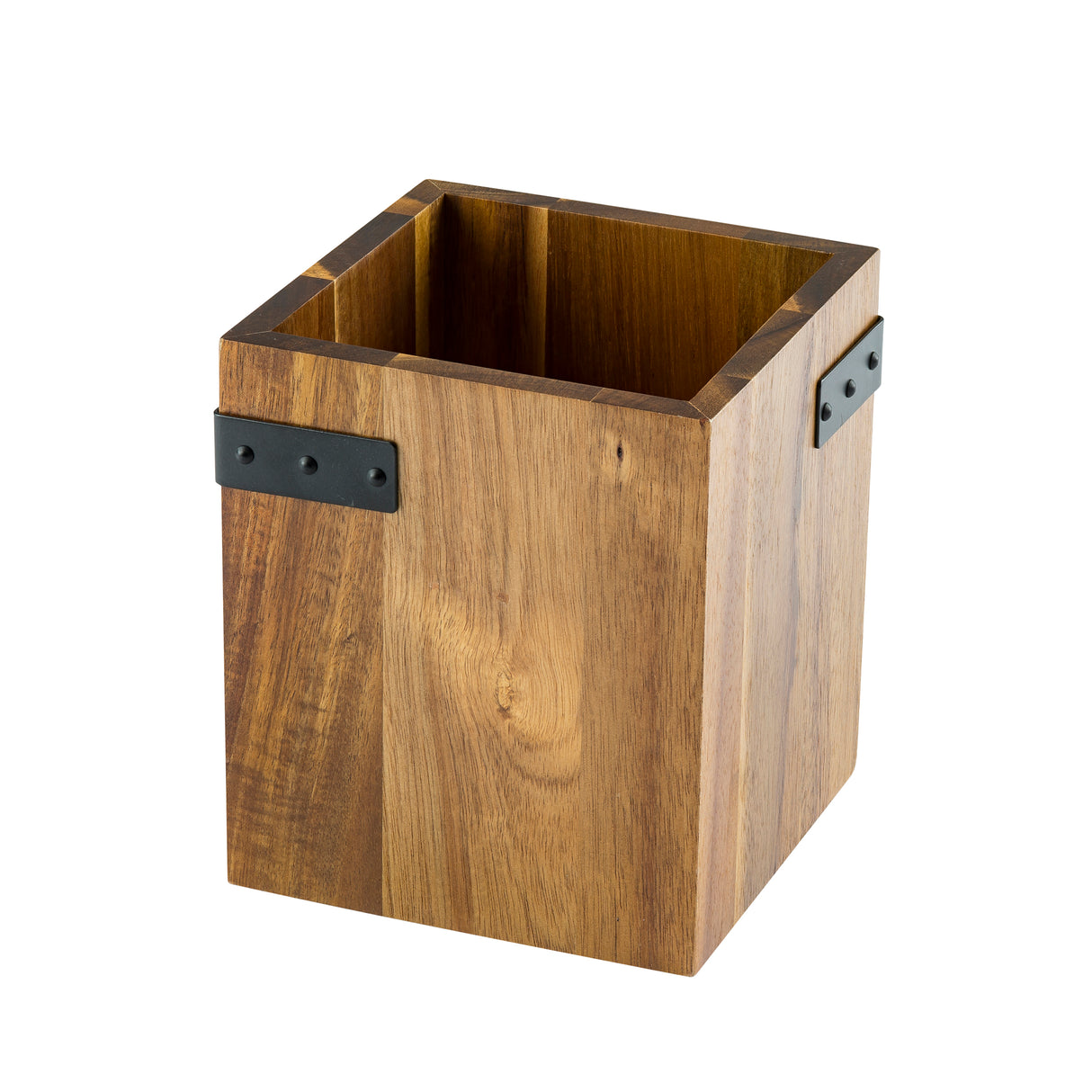 A square, acacia wooden container with a natural wood grain finish and black metal brackets near the top. Open at the top with smooth sides, it’s ideal as a cutlery holder or organizer in your industrial collection.