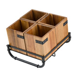 A square Cutlery holder rack with four wooden compartments, each featuring black metal corner brackets, sits in a black metal frame with a handle. Part of our industrial collection, it offers open-top storage for easy access to items.