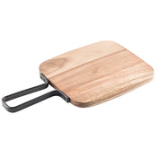 A rectangular acacia serving paddle with rounded edges is shown. It features a smooth surface and a metal handle attached to one side, forming a loop for easy carrying or hanging. The light brown finish highlights the natural wood grain.