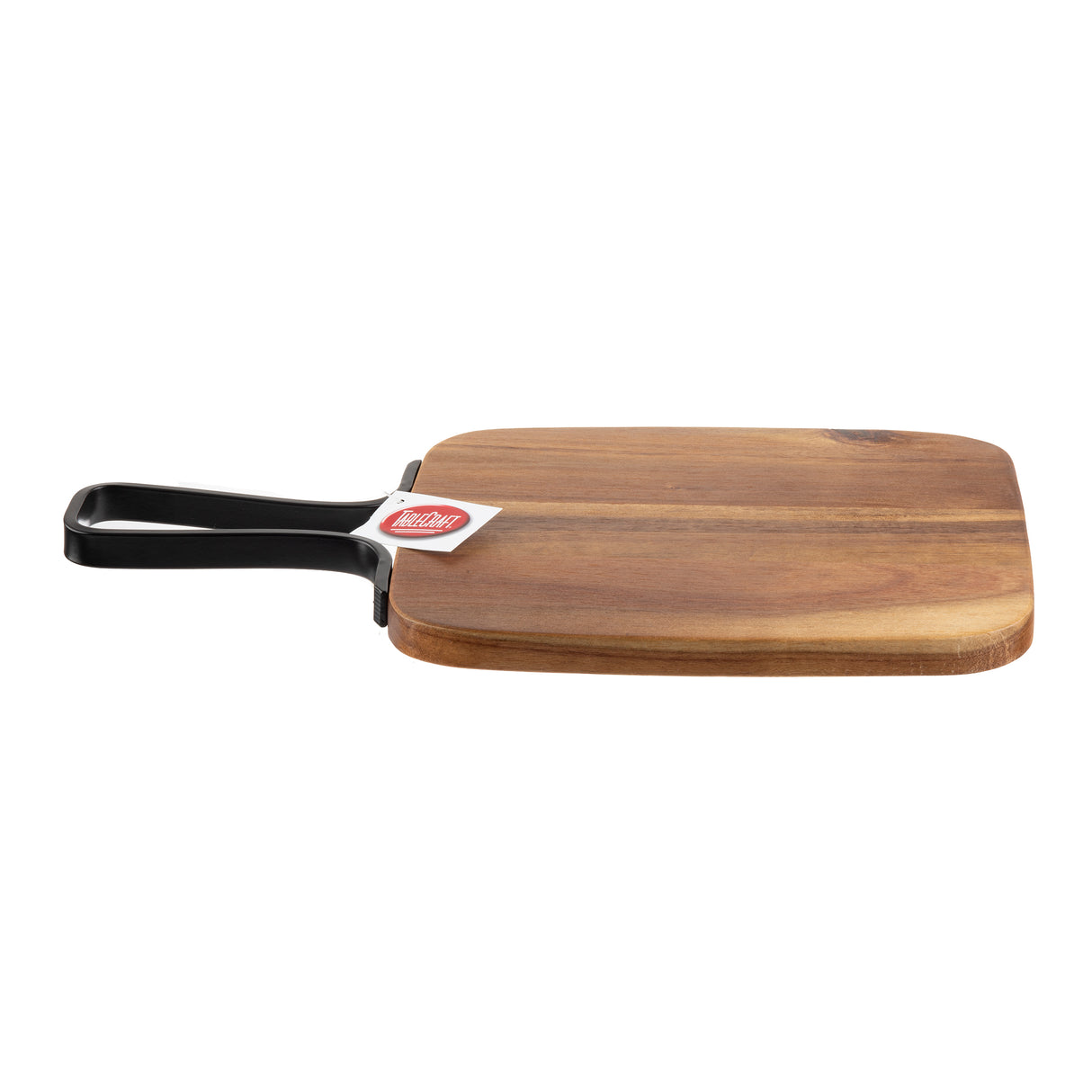 A rectangular wooden cutting board with smooth edges and a black handle is shown lying flat. Featuring an acacia serving paddle design, a red and white product tag is attached near the handle, set against a plain white background.