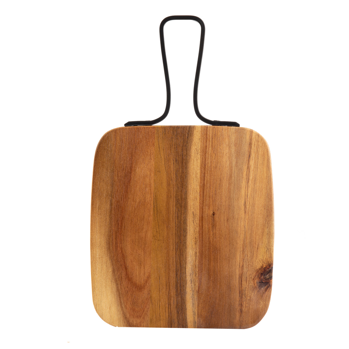A rectangular acacia serving paddle with rounded edges, visible wood grain, and a black metal handle from the Industrial Collection Serving Paddle. The surface displays natural color variations and a small knot in the lower right corner.