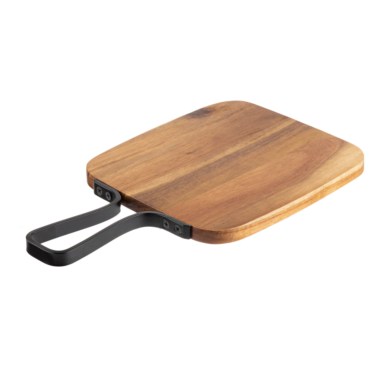 A rectangular acacia serving paddle with rounded edges and a smooth finish. It features a black metal handle with a looped design for easy gripping or hanging, showcasing visible wood grain across the cutting surface.