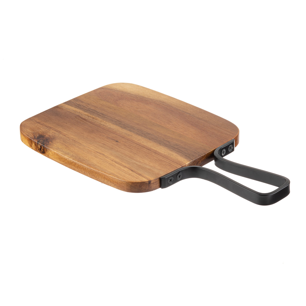 A rectangular wooden cutting board with rounded edges, this TableCraft serving paddle features a smooth surface and a black metal handle attached with screws, angled upward to contrast beautifully with the natural wood grain.