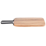 A rectangular wooden cutting board from the Industrial Collection Serving Paddle line, featuring rounded edges and a flat black metal handle. The smooth, light wood finish contrasts elegantly with the handle. Set against a white background.