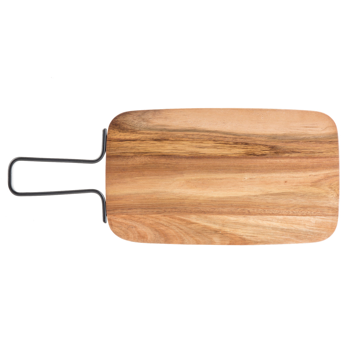 A rectangular acacia serving paddle with rounded edges and visible wood grain. It features a black metal handle loop for hanging. The smooth, clean surface is perfect for the Industrial Collection Serving Paddle, displayed against a white background.