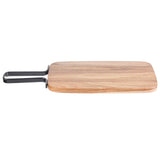 Rectangular acacia serving paddle with rounded edges, featuring a flat black metal handle with an open rectangular loop, resting on a white background. The wood has a smooth finish and natural grain.