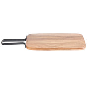 Rectangular acacia serving paddle with rounded edges, featuring a flat black metal handle with an open rectangular loop, resting on a white background. The wood has a smooth finish and natural grain.