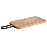 A rectangular wooden cutting board with rounded corners and smooth grain, this TableCraft serving paddle features a black metal handle on one end. Shown at a slight angle against a white background, it blends style with functionality.