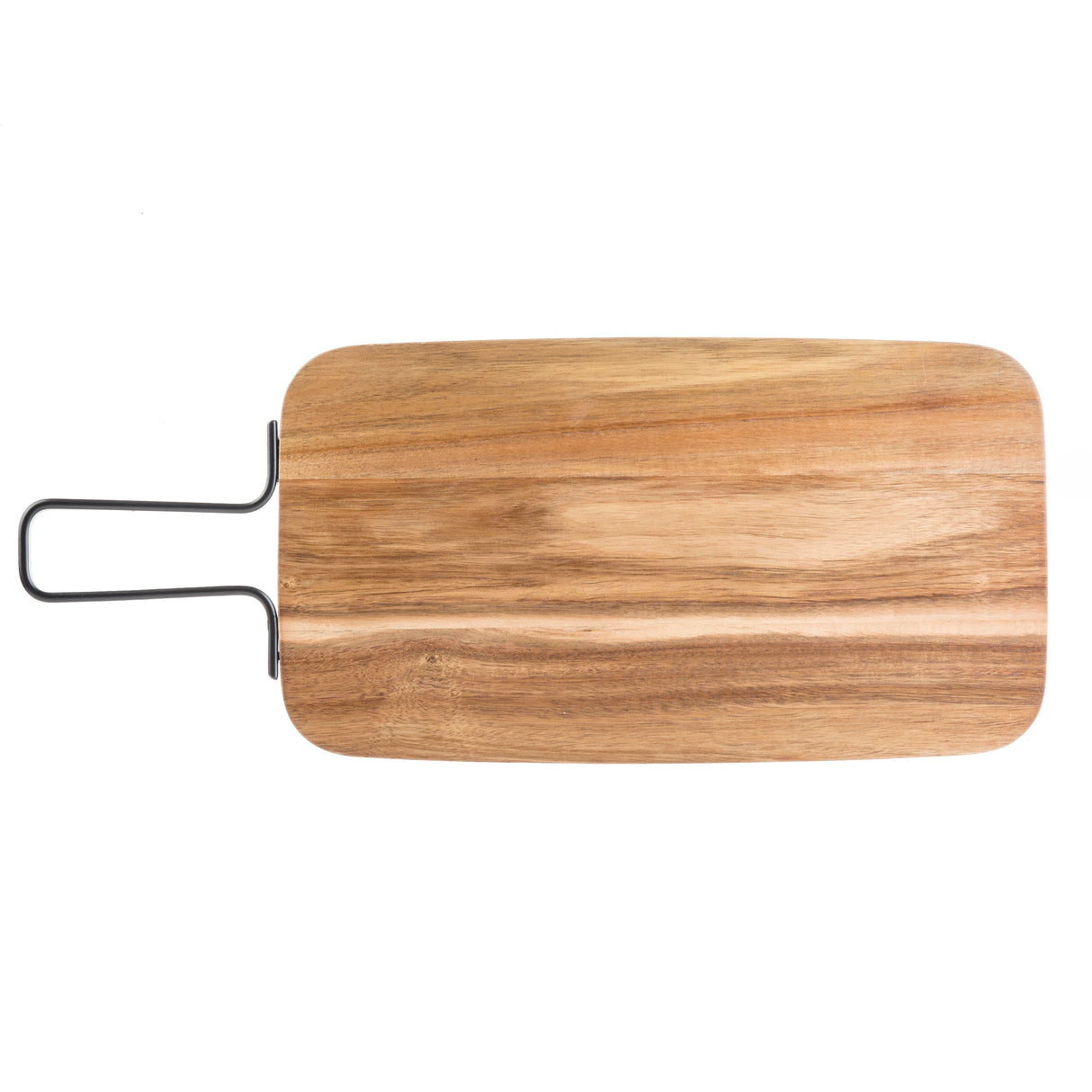 A rectangular wooden cutting board with rounded corners and a natural wood grain pattern, this TableCraft serving paddle features a black metal handle on the left side. The board is shown against a white background.