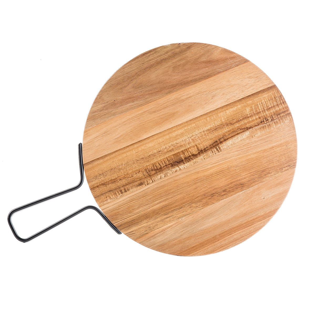 A round, light brown acacia serving paddle with visible wood grain patterns. The board features a black metal handle, bent into a rectangular loop shape. Part of the Industrial Collection Serving Paddle series. Background is plain white.