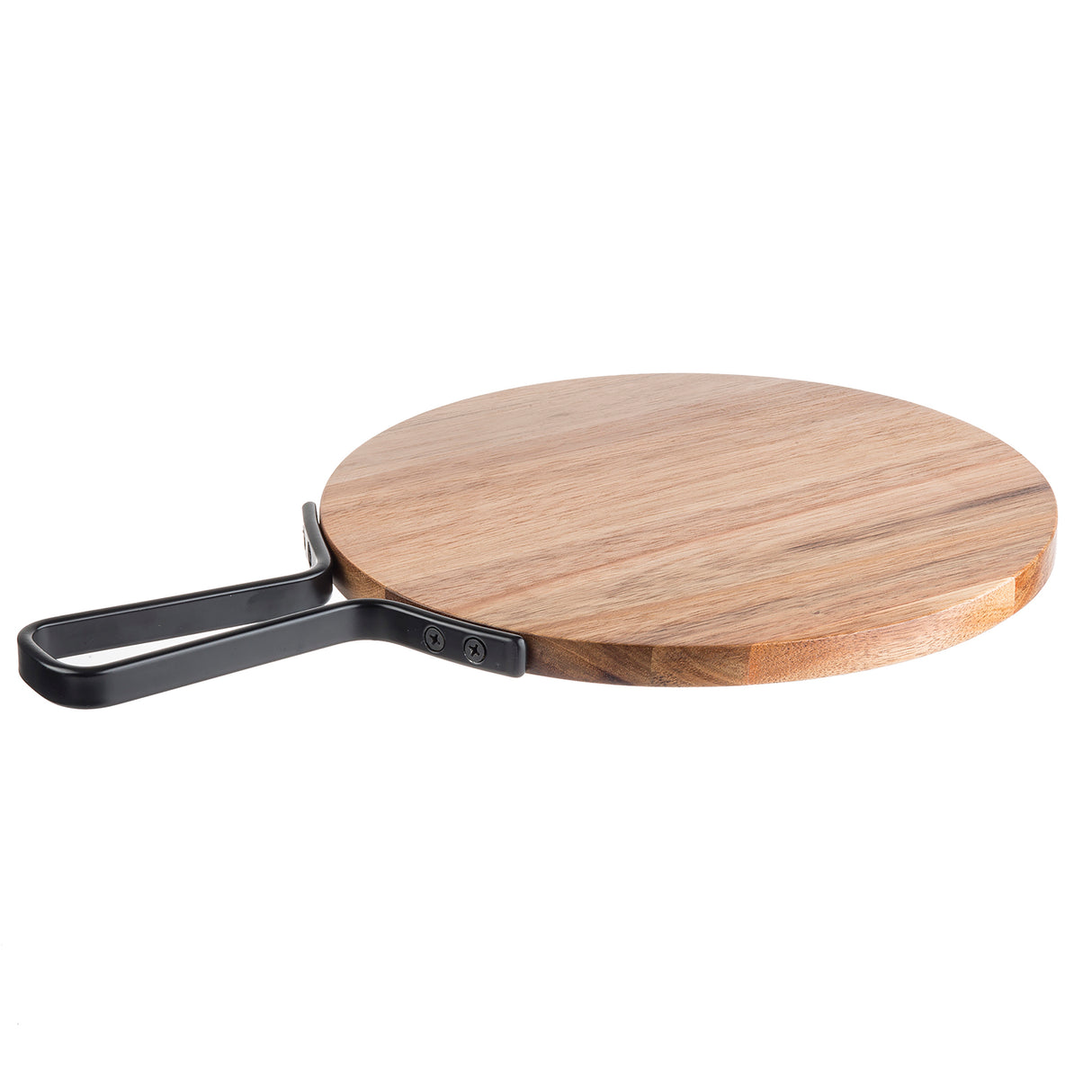 A round acacia serving paddle with a smooth surface and a black metal handle attached to one side, shown on a white background. The handle is rectangular, flat, and secured with screws. Perfect for the Industrial Collection Serving Paddle line.