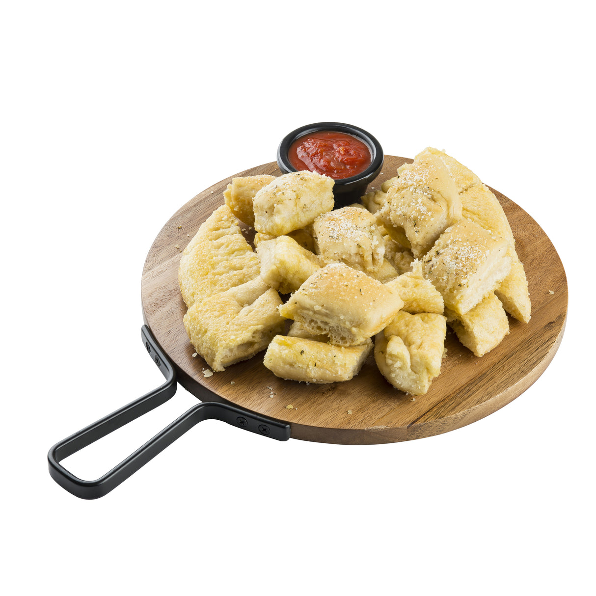 A round acacia serving paddle with a handle holds golden, fluffy breadsticks lightly dusted with parmesan cheese. A small black cup of red marinara sauce sits on the board for dipping, all set against a crisp white background.