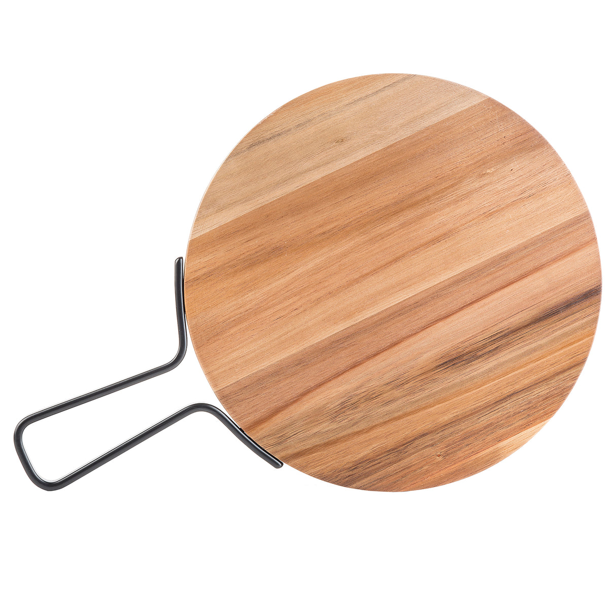 A round acacia serving paddle from the TableCraft Products Industrial Collection features striking light and dark wood grain patterns and a bold black metal handle bent into a unique, angular shape, displayed on a white background.