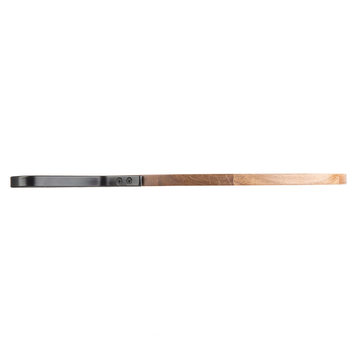 A wooden acacia serving paddle from the TableCraft Products Industrial Collection, with a smooth gradient from light natural wood to dark black, shown side-on against a white background. Two small round indents appear near the dark end.