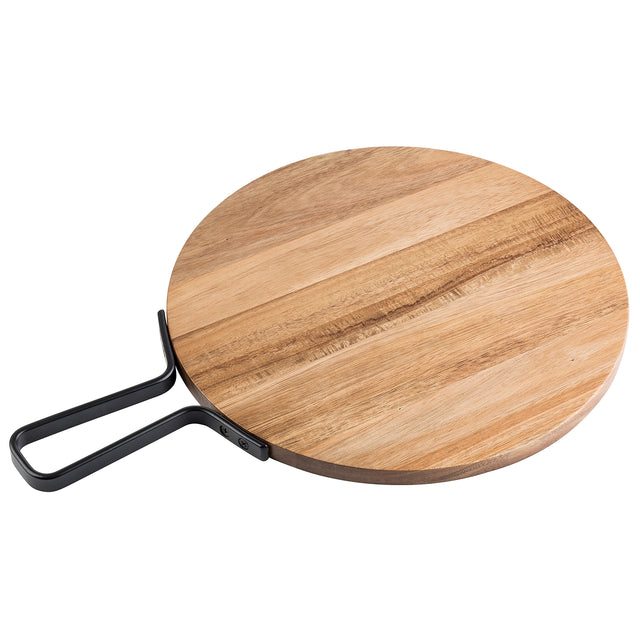 A round acacia serving paddle with a smooth, natural finish and visible wood grain patterns, featuring a flat black metal handle. Part of the TableCraft Products Industrial Collection Serving Paddle series. Set against a plain white background.