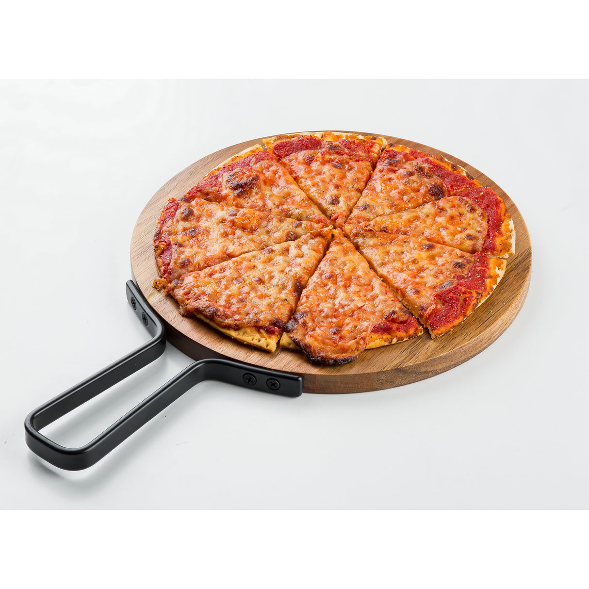 A round cheese pizza, sliced into six pieces, sits on a TableCraft Products Industrial Collection Serving Paddle with a black metal handle. The pizza's golden-brown crust and melted cheese rest atop the board on a clean, white surface.