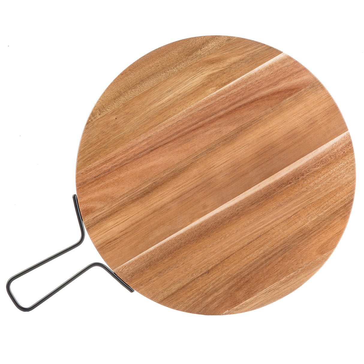 A round acacia serving paddle with a smooth, natural wood grain pattern. Its black metal handle is bent into an angular shape for easy gripping or hanging. The board is set against a white background.