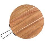 A round acacia serving paddle with a smooth, natural wood grain pattern. Its black metal handle is bent into an angular shape for easy gripping or hanging. The board is set against a white background.