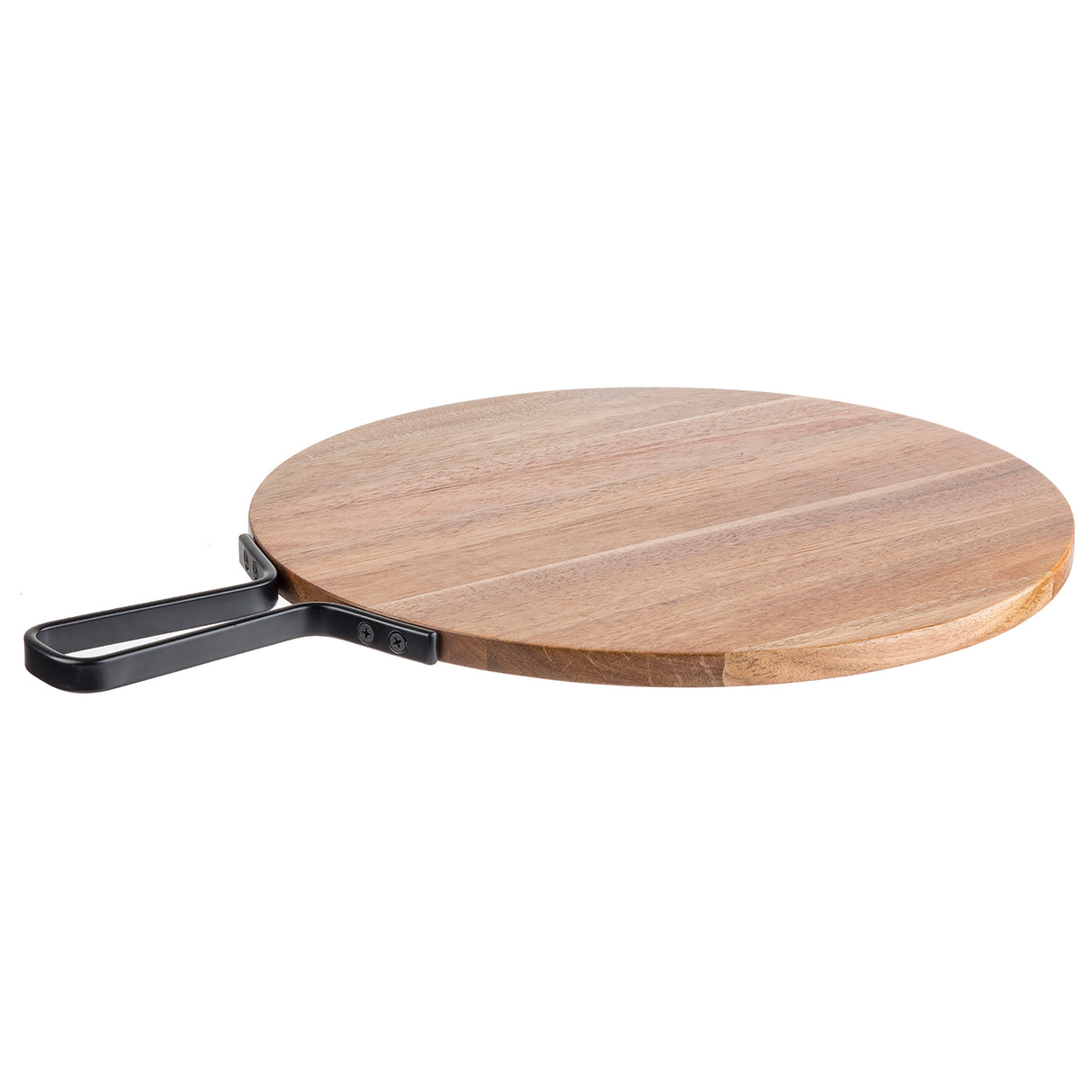 A round acacia serving paddle with a smooth surface and sturdy black metal handle lies flat on a white background. The natural wood grain patterns and open rectangular handle evoke the style of the TableCraft serving paddle.