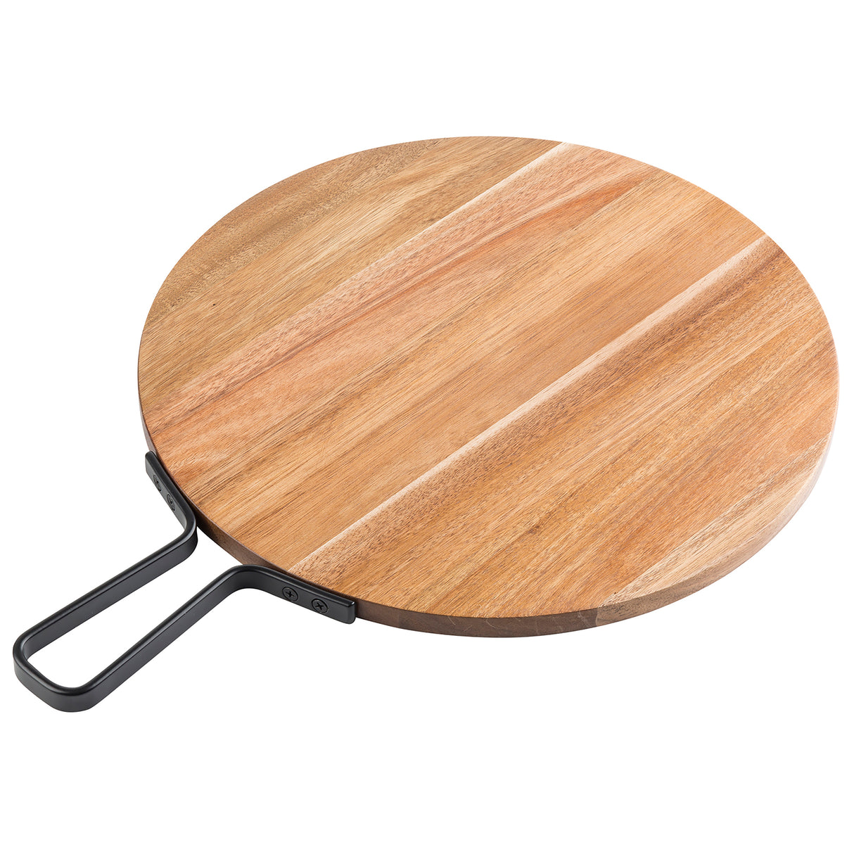 A round acacia serving paddle with a smooth surface and visible wood grain, featuring a flat black metal handle attached to one side. The board is placed on a white background.