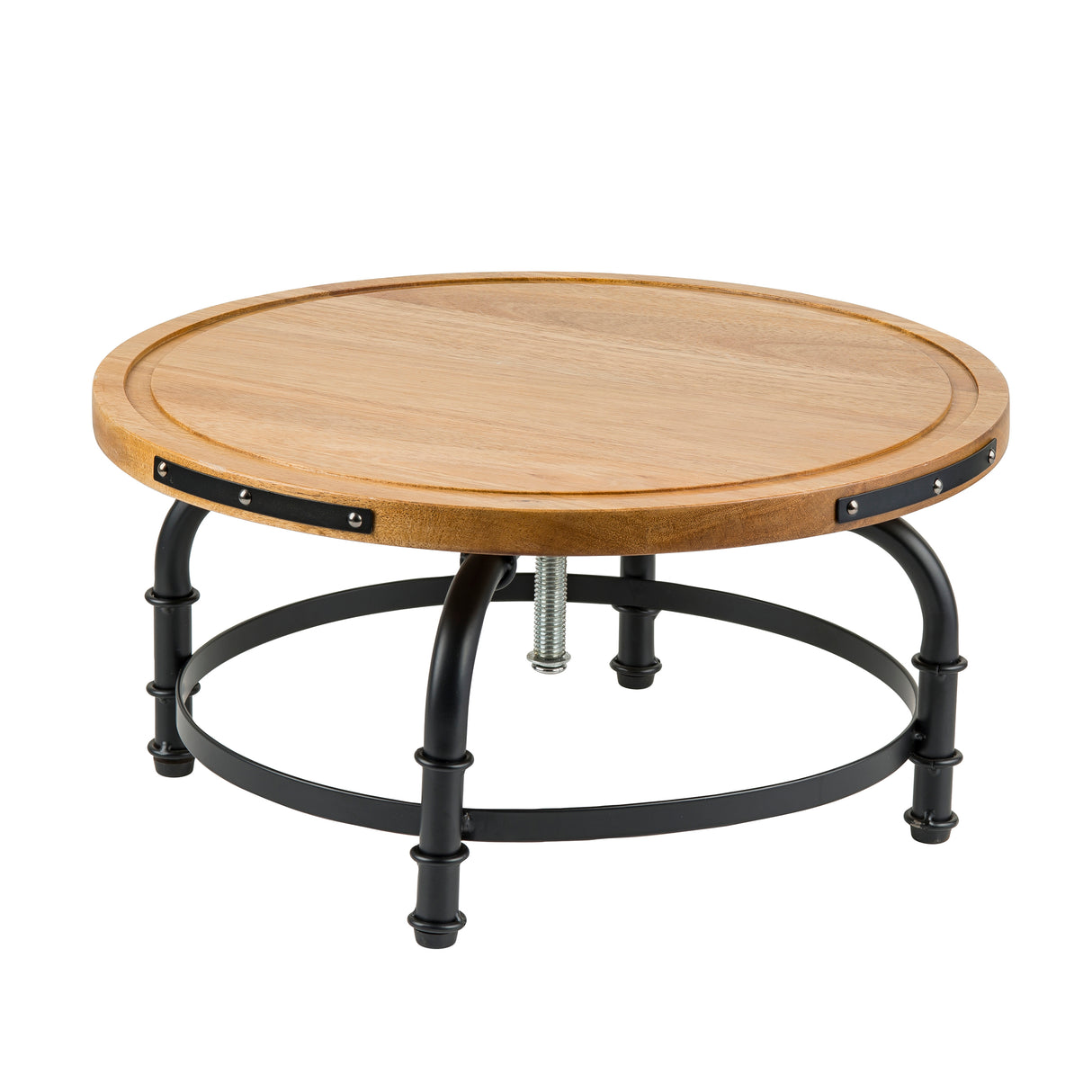 A round coffee table with a light wood top and raised edge, supported by a black metal frame. With four curved legs and circular braces, its central metal bolt gives it the sturdy charm of an industrial cake stand.