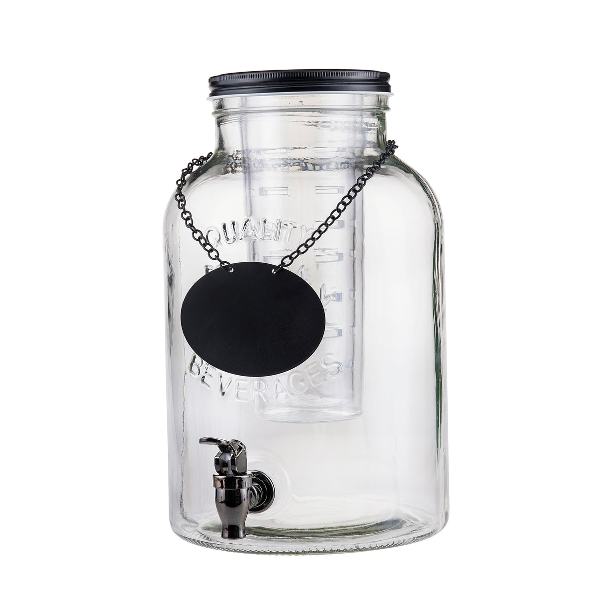 A large, clear glass beverage dispenser from the Industrial Collection, with a black screw-on lid, metal spigot, internal infuser tube, and hanging chalkboard tag. Quality Beverages is embossed on the front of this 2 gallon beverage dispenser.