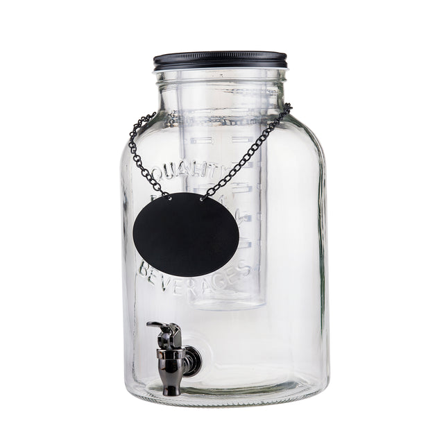A large, clear glass beverage dispenser from the Industrial Collection, with a black screw-on lid, metal spigot, internal infuser tube, and hanging chalkboard tag. Quality Beverages is embossed on the front of this 2 gallon beverage dispenser.
