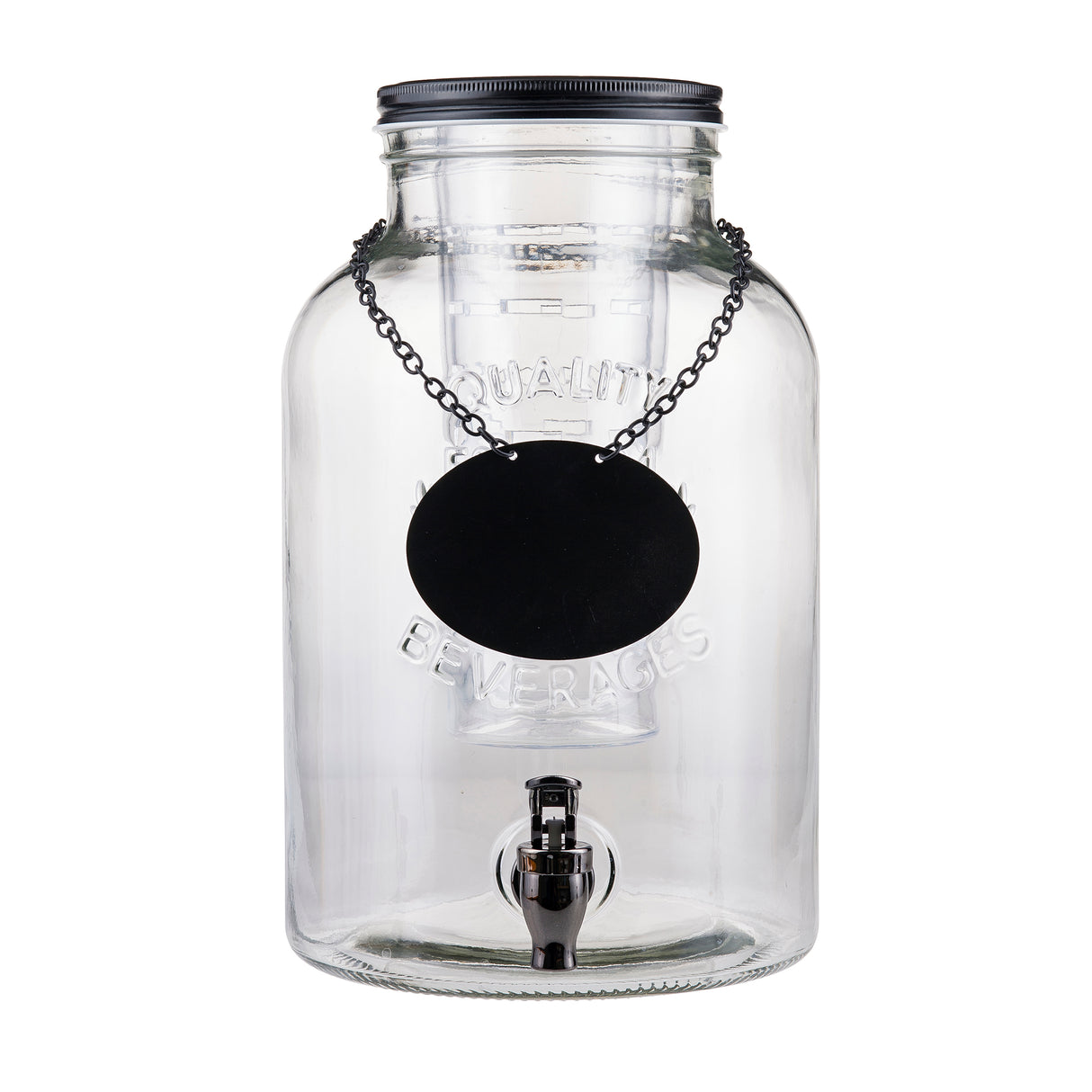 A large, clear glass beverage dispenser from the Industrial Collection features a black spigot and metal lid. The words "Quality Beverages" are embossed on the 2 gallon beverage dispenser, with a blank oval sign hanging from the neck.