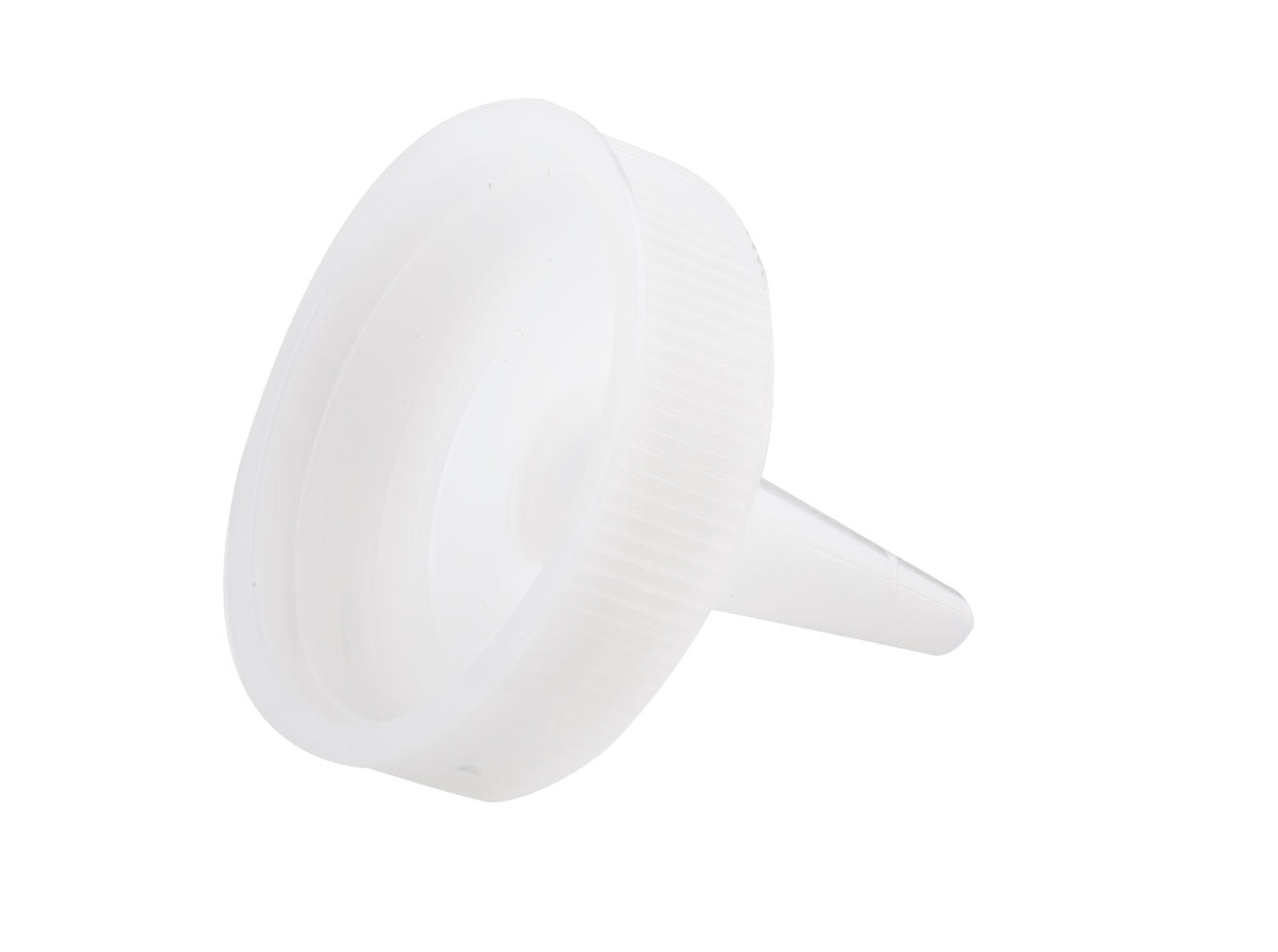 A white plastic funnel with a wide, ribbed rim and 38mm squeeze bottle top, set against a plain white background. The angled position highlights its ridged texture, smooth surface, and dishwasher safe design.