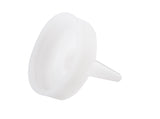 A white plastic funnel with a wide, ribbed rim and 38mm squeeze bottle top, set against a plain white background. The angled position highlights its ridged texture, smooth surface, and dishwasher safe design.